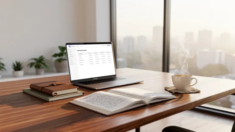 Espace de travail moderne et équilibré symbolisant la formation professionnelle et l’organisation optimale