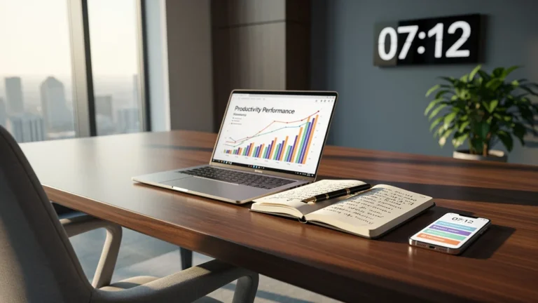 Espace de travail moderne illustrant les gains de productivité avec un bureau organisé et lumière naturelle