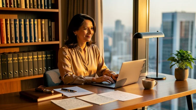 Bureau moderne lumineux pour Hugo Publishing avec femme rédactrice entrepreneuriat 45 ans en pleine écriture
