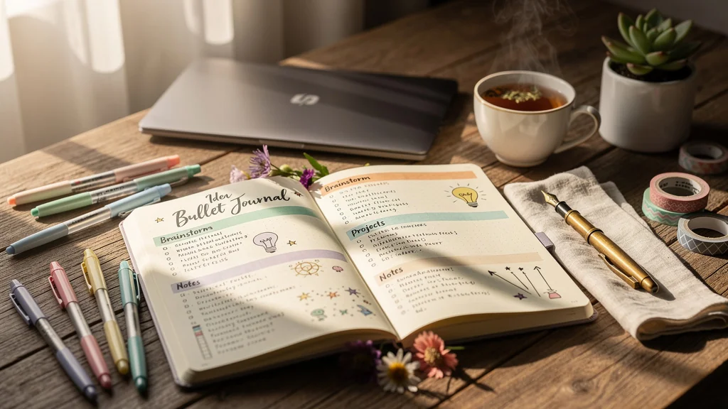Photo réaliste d'une idée bullet journal organisée sur un bureau en bois avec accessoires créatifs