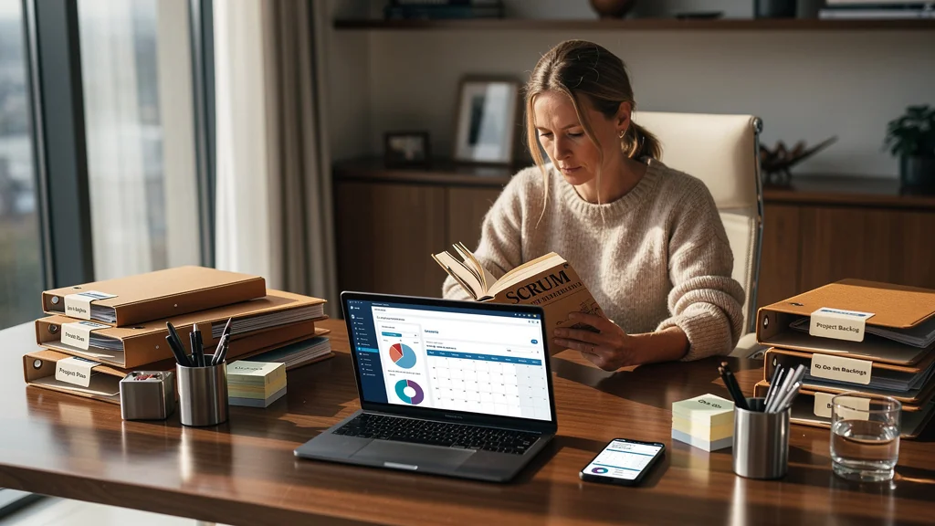 Femme de 45 ans concentrée relisant Scrum de Sutherland en gérant seule ses douze dossiers au bureau moderne