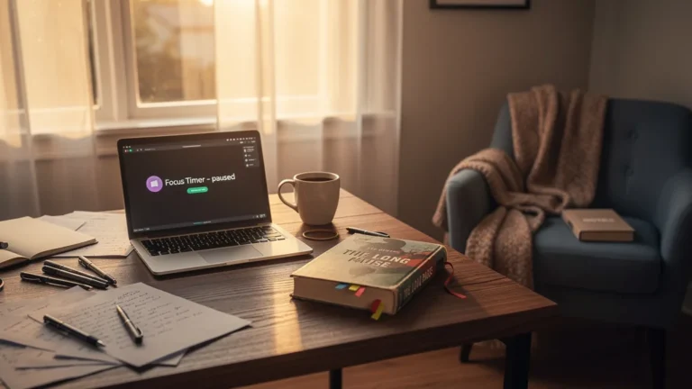Bureau chaleureux en fin d'après-midi symbolisant la journée de la procrastination au travail