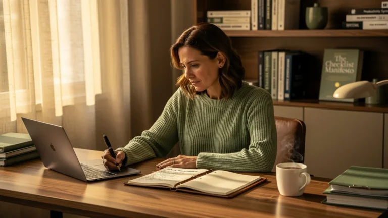 Femme écrivant une liste pour ses envois clients inspirée par Le Checklist Manifesto dans un bureau moderne