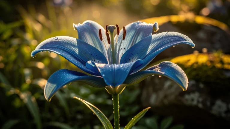 Gros plan ultra-réaliste sur un lys bleu éclatant au cœur d’un décor naturel paisible et lumineux