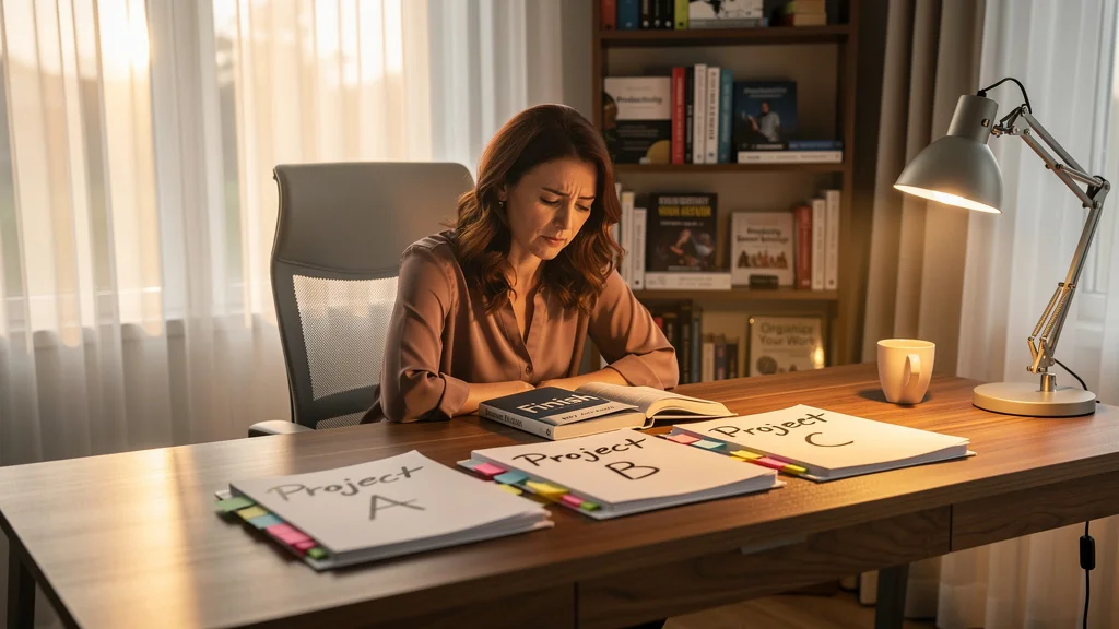 Femme rédactrice dans son bureau face à quatre projets inachevés, symbolisant la frustration et l’organisation incomplète