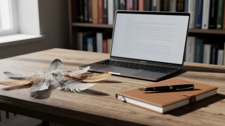 Espace de travail élégant avec plumes et ordinateur symbolisant la rédaction web professionnelle