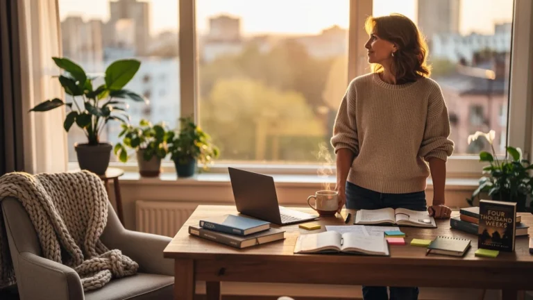 Portrait réaliste femme 45 ans libérée d’un planning trop plein dans un appartement lumineux