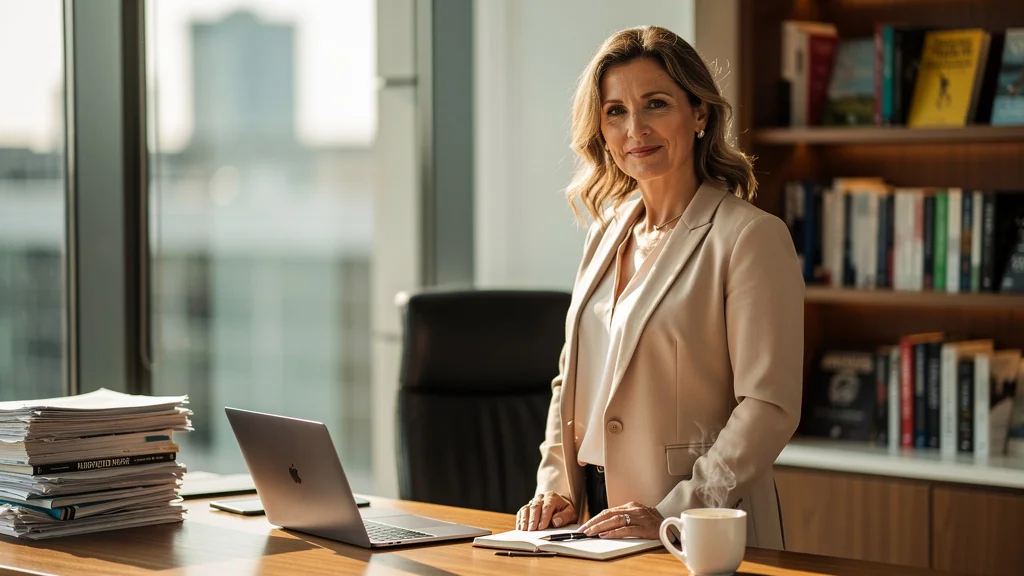 Portrait hyperréaliste d'une rédactrice féminine de 45 ans spécialisée en entrepreneuriat au bureau moderne