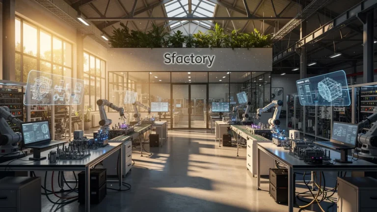 Vue hyper-réaliste de la sfactory, usine innovante alliant technologie avancée et design industriel moderne