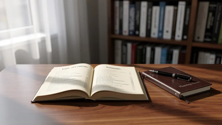 Image réaliste d’un bureau moderne avec un livre ouvert montrant le sommaire d’un livre, ambiance professionnelle