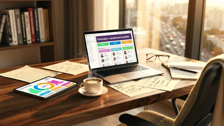 Espace de travail lumineux avec outils numériques pour ta formation professionnelle en entrepreneuriat