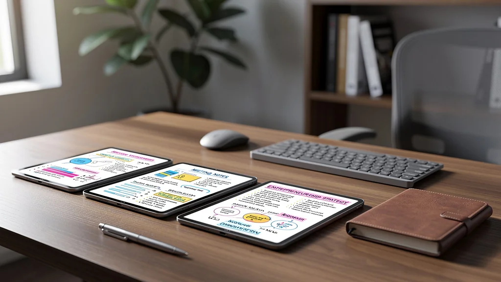 Tablettes prise de notes modernes sur bureau en bois dans un espace de travail professionnel lumineux