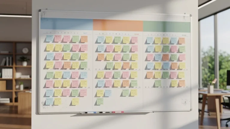 Kanban à trois colonnes sur un tableau blanc détaillé sur huit semaines en organisation professionnelle