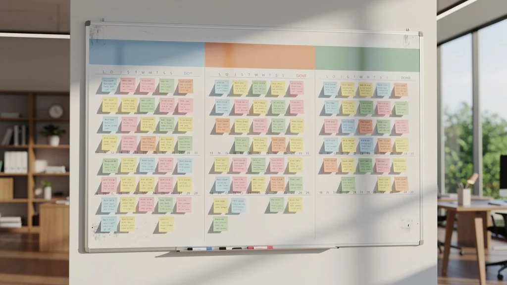 Kanban à trois colonnes sur un tableau blanc détaillé sur huit semaines en organisation professionnelle