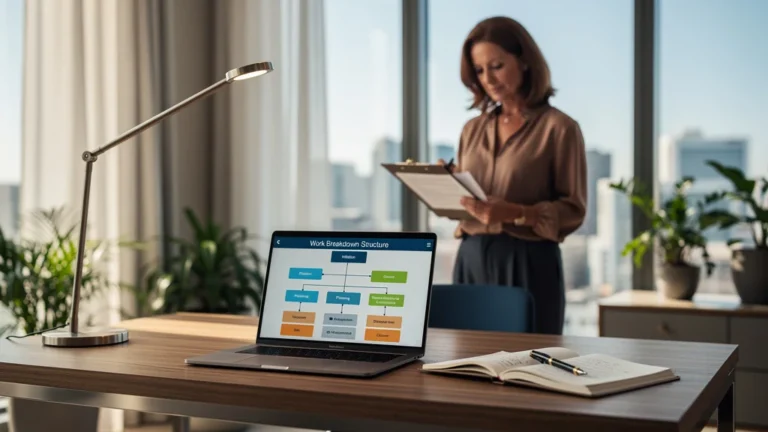 Bureau moderne avec diagramme WBS sur écran, femme professionnelle en gestion de projet concentrée